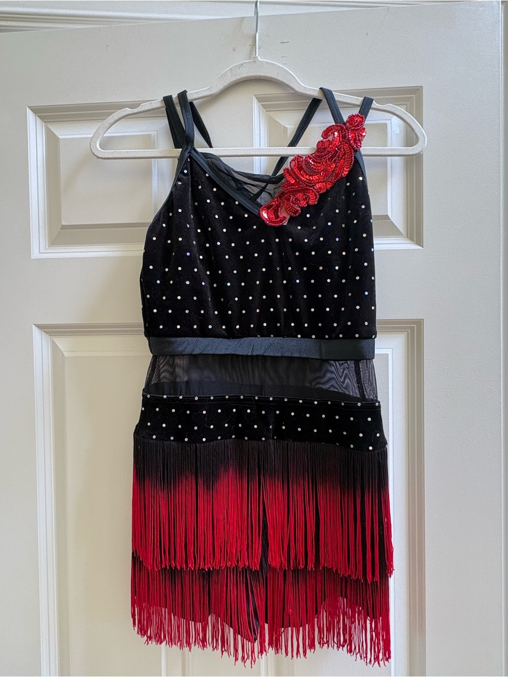 Weissman Black Dance Costume with Red Fringe Accent